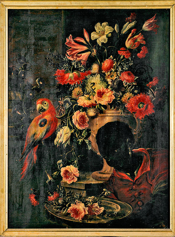 Anonimo — Malinconico Nicola - sec. XVII/ XVIII - Natura morta con vaso di fiori, moro e pappagallo — insieme